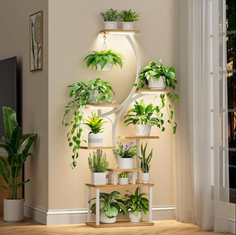 Corner Plant Stand with Built-In Lighting